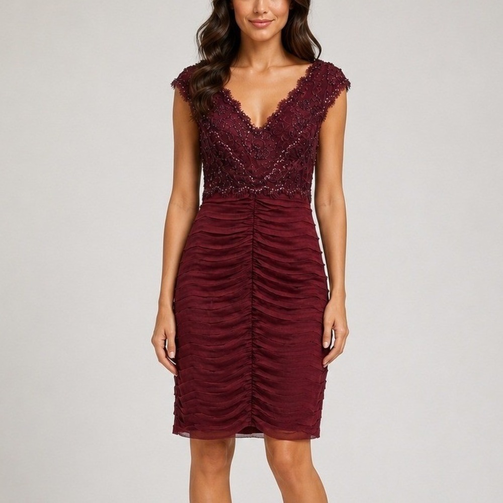 Tadashi Collection Burgundy Wine Sequin Lace Dress 8 Beaded Cocktail Evening
